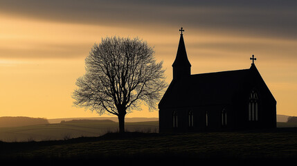 Fototapeta premium Silhouette of church and tree against sunset background