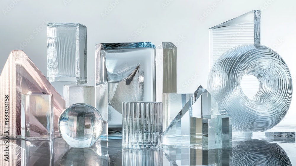 Aufkleber abstract composition of clear and frosted glass geometric shapes on reflective surface.