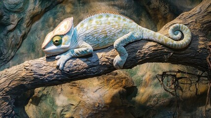 A chameleon blending into a tree branch, using its camouflage abilities to mimic its surroundings.