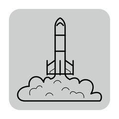 Line icon of rocket taking off from cloud formation. Dynamic movement and energy of launch against neutral background