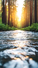 Serene Sunset Over Flowing Stream Through Lush Forest Nature Photography Tranquil Environment Low Angle View Beauty of Nature