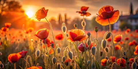 Obraz premium Evening Sunlight Illuminates Poppy Field with Gentle Bell Sounds