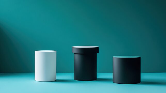 Three circular pedestals of varying heights are arranged against a teal backdrop, creating a visually appealing and minimalist design suitable for product displays