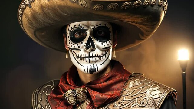 Day of the Dead in Mexico (El Dia de Muertos). Portrait of a young man with a skull, face art. Sombrero hat and national dress. Celebration of the Day of the Dead. Generative video i