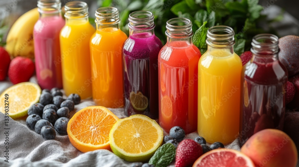 Poster a variety of colorful fruit juices are arranged in glass bottles on a table. surrounding the bottles