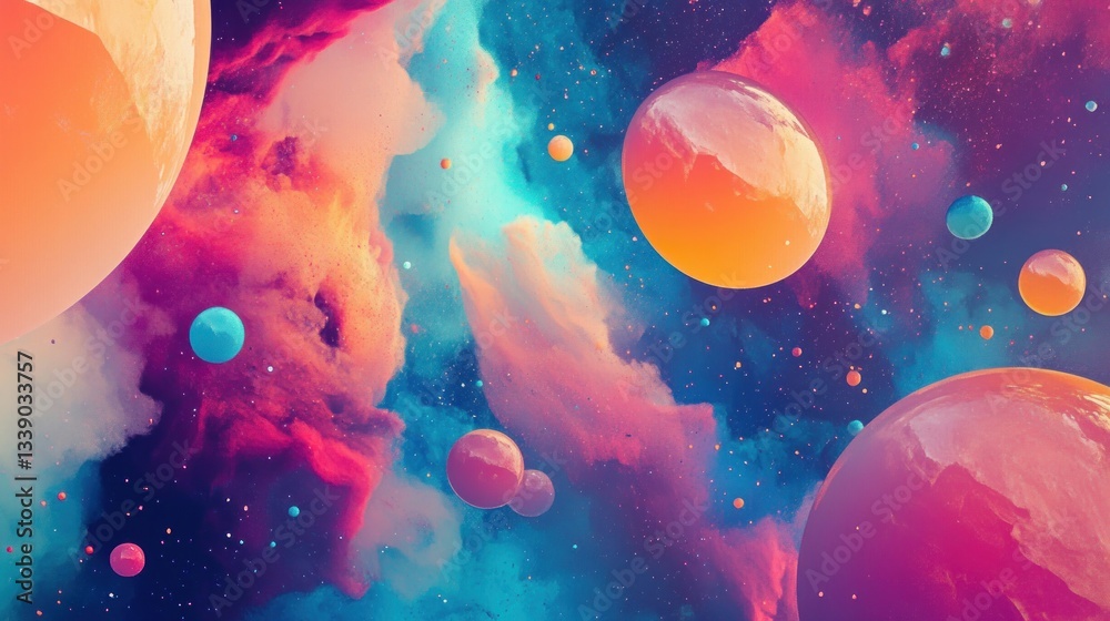 Poster Abstract cosmic art with vibrant nebula clouds and colorful spheres.