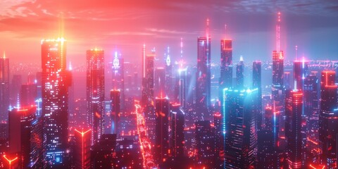 Fototapeta premium Futuristic city skyline with periwinkle and orange neon lights. Night scene with advanced skyscrapers. 3D Render.