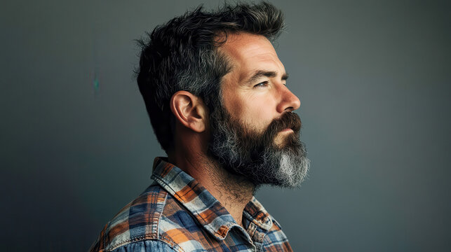 A close-up portrait of a bearded man's thoughtful expression, side profile, wearing a rugged plaid shirt