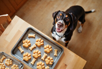The pointer dog looking up to the kitchen table with baked dog cookies view from above