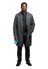 Fototapeta premium Professional male technician in lab coat holding gloves, standing confidently in a clean laboratory setting