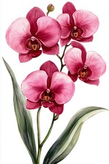 Beautiful Pink Orchids with Lush Green Leaves on White Background