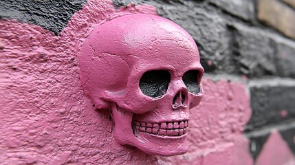 Pink skull sculpture on brick wall, outdoor, art piece