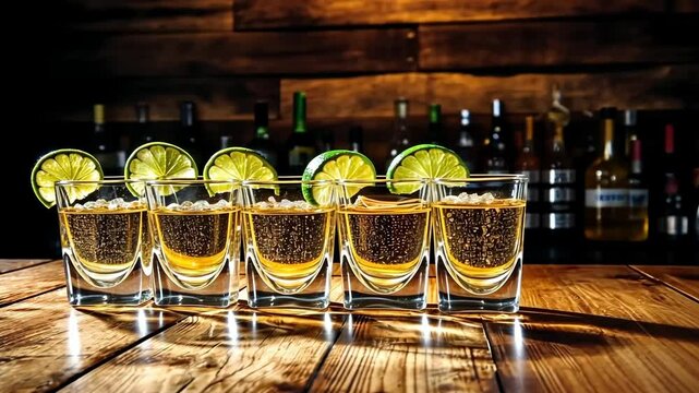 A row of golden tequila shots with juice, lime wedges and salt on a wooden table, against the background of the bar. Generative 4k video.
