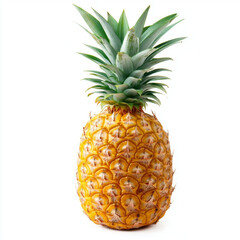 ripe pineapple with vibrant green leaves on white background