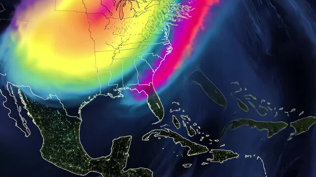 Storm patterns impact the eastern United States with severe weather and heavy rainfall, A weather map shows various storms passing the East Coast of the US