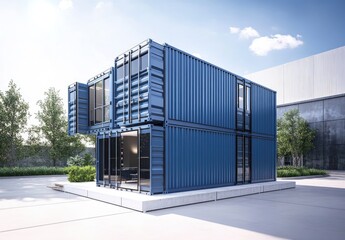 Two blue shipping containers, with office space inside, one is two stories and the other is three stories high.