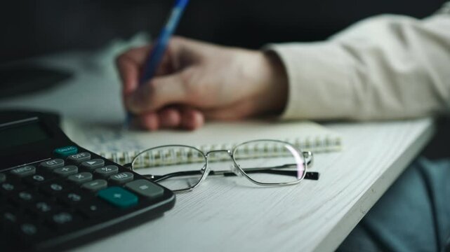 An office worker writes his plans in a journal.
A person writes with a pen in a notebook at his desk.
A script in a notebook.
Taking notes in a notebook.
A notebook and pen close-up