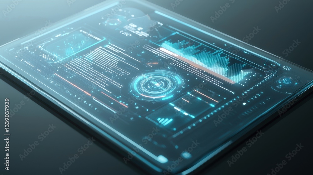 Poster a transparent digital tablet displaying an interactive 3d model.
