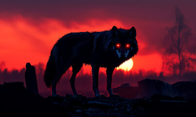 Realistic Wolf with Glowing Eyes Standing on Ruins at Sunset Background