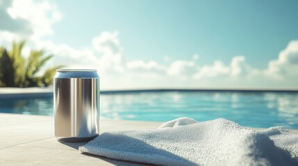 Naklejka premium sleek aluminum can near a pool. sunny day 