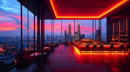 Rooftop bar at sunset with city view