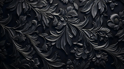 Intricate Black Floral Carvings, A Dark Romantic Tapestry Of Embossed Leaves And Flowers In A Shadowed, Velvety Texture