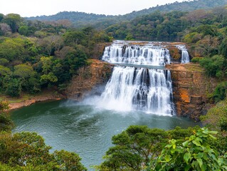 Fototapeta premium Majestic Waterfall Cascading Through Lush Forest Nature Photography Scenic Viewpoint Tranquil Environment
