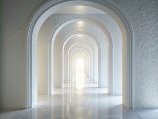 Obraz premium Empty White Hallway with Archway, Backlit Stone Wall - Architectural Photography