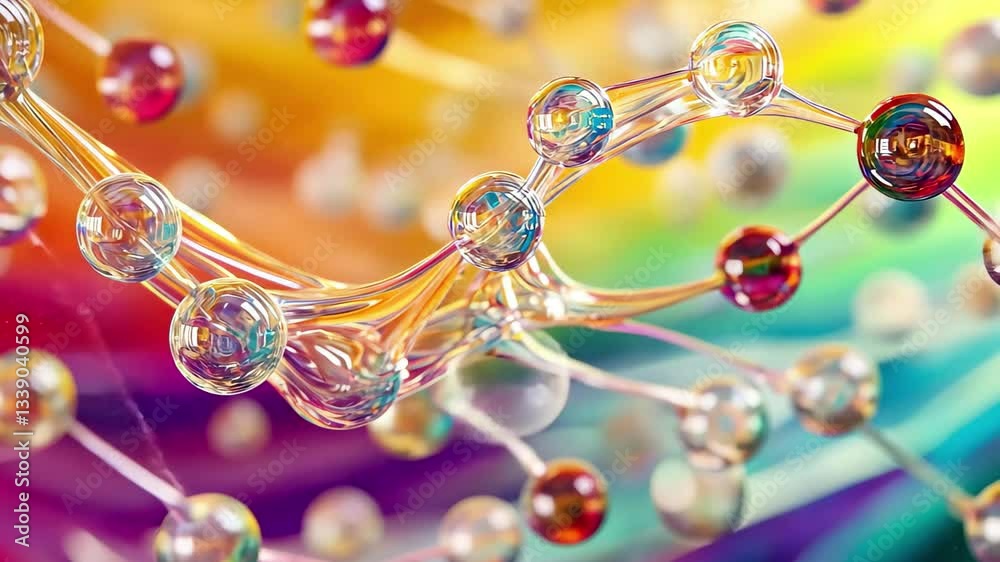 Poster Molecules dynamically interacting over a colorful, flowing background in an abstract setting, molecules moving over waving multi coloured background