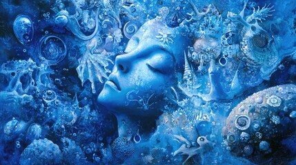 surrealistic elements depicted in shades of blue.