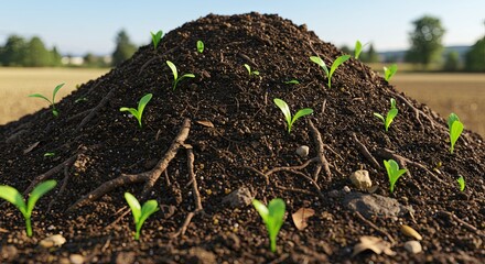 A pile of dirt with many small plants growing in it