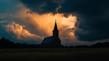 Obraz premium Church silhouette against dramatic sunset clouds