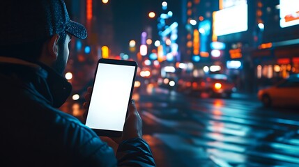 Man uses Tablet, city lights, background cars. Promotion
