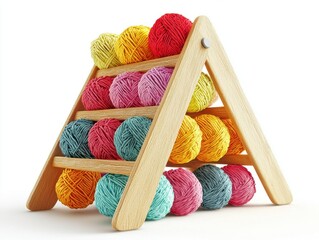 Colorful yarn balls arranged on a wooden display rack for crafting and DIY projects in a bright and creative setting