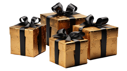 Gold Gift Boxes with Black Ribbons Festive Holiday Luxury Packaging, Elegant Design.