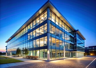 Obraz premium Empty Modern Office Building Exterior, Glass Facade, Blue Sky - Night Photography Stock Photo