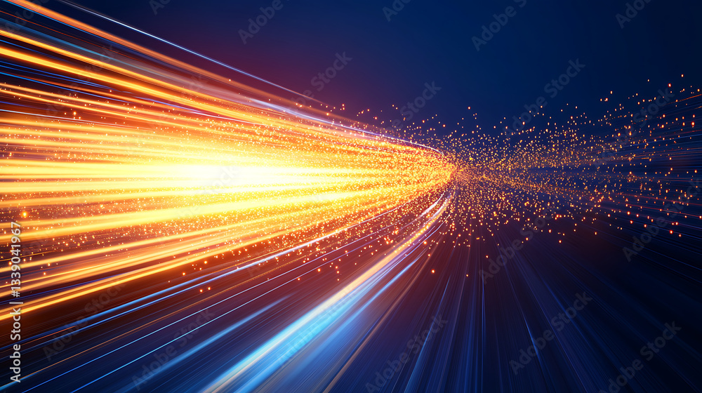 Poster A vibrant display of light streaking across a dark background, creating a sense of speed and motion with luminous particles