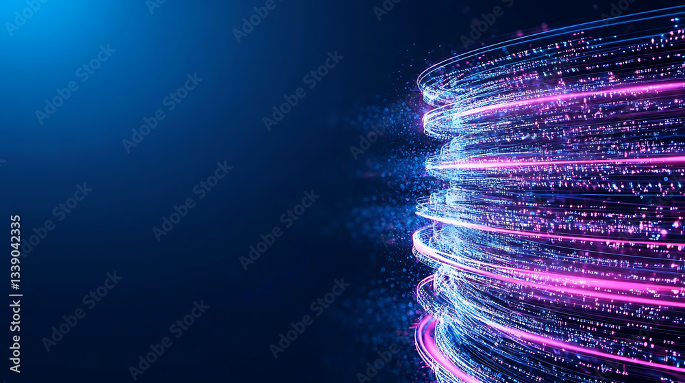 Poster a vibrant abstract design featuring glowing lines and particles against a blue background, creating 
