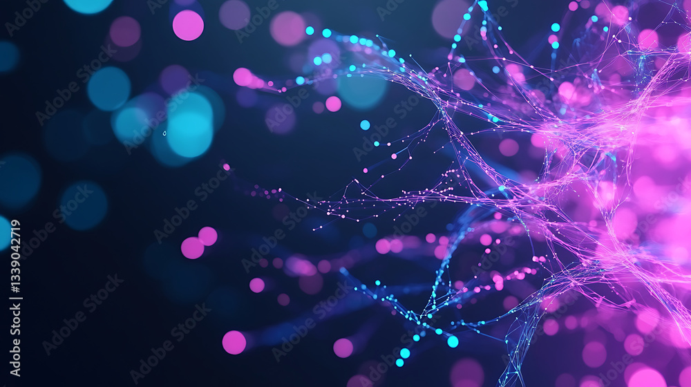 Poster a vibrant abstract image featuring intertwined lines and glowing orbs in shades of pink and blue aga