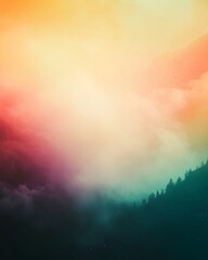Dreamlike landscape, warm sunset colors, hazy mountains, dark silhouettes of trees, soft light, serene atmosphere, misty effect, tranquil scene