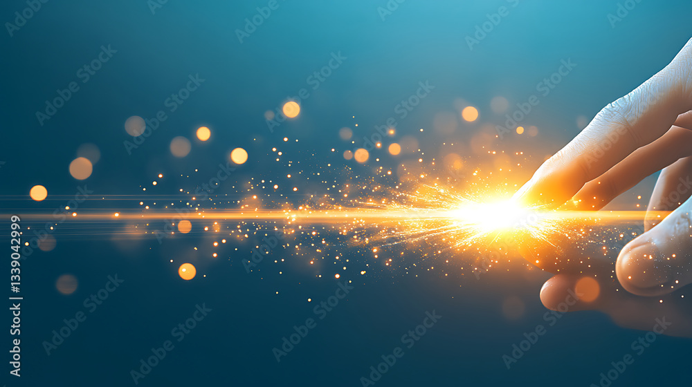 Poster a hand reaches out, creating a burst of light and particles, symbolizing connection or ignition of e