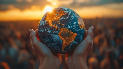 Artistic composition of hands lifting a globe representing the global workforce unity 3D render