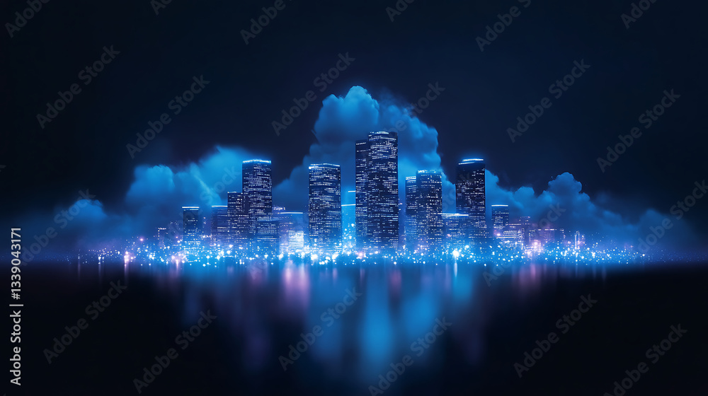 Poster a futuristic cityscape illuminated in blue tones, surrounded by clouds, reflecting on a calm surface