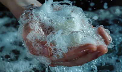 Fototapeta premium holds soap in hand and washes himself with it, hyperrealistic photo, dramatic