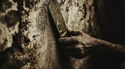 Fototapeta premium Close-up of dirty hands applying plaster to a rough wall with a putty knife.