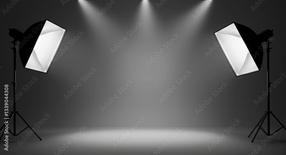 Poster two black and white lighting fixtures are set up in front of a gray background