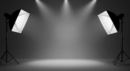 Two black and white lighting fixtures are set up in front of a gray background