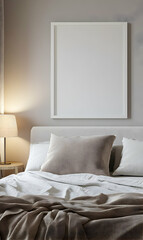 Cozy bedroom scene with blank frame, bed, lamp, pillows, and inviting light display