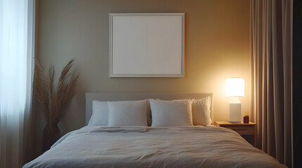 Inviting minimalist bedroom interior featuring a framed print and serene lighting ambiance