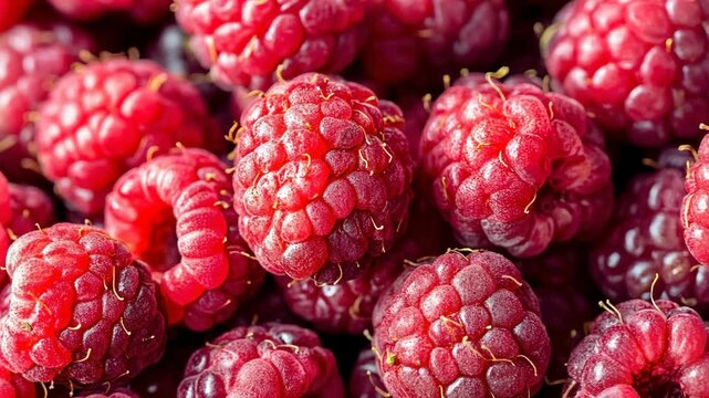 Freshly picked raspberries in vibrant red hues showcase their juicy texture and natural sweetness